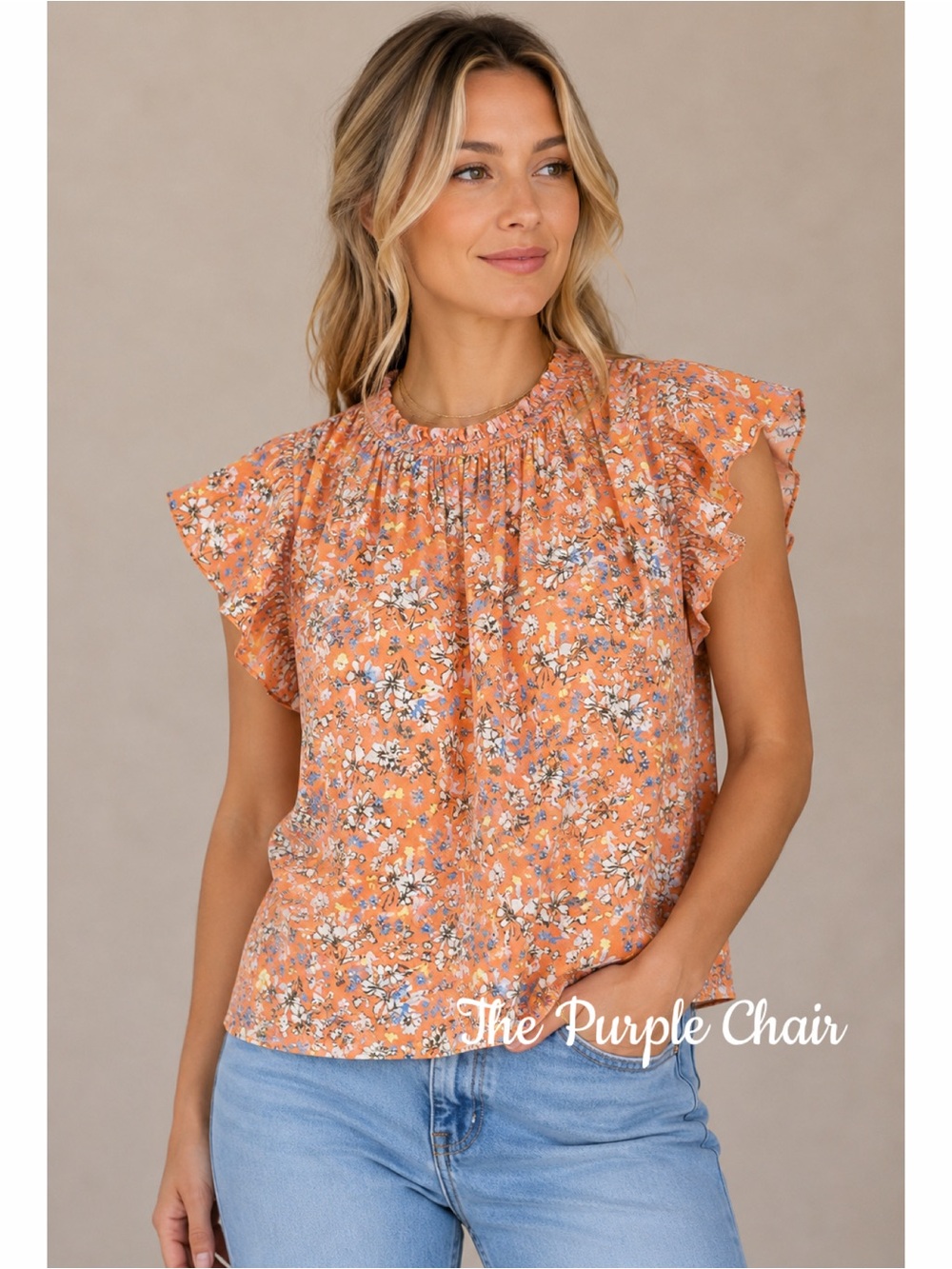 NANETTE LEPORE Peach Floral Ruffle Trim Top S